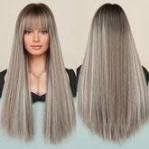 26'' Long Ombre Honey Blonde Grey Tone Lolita Straight Fringe Wig